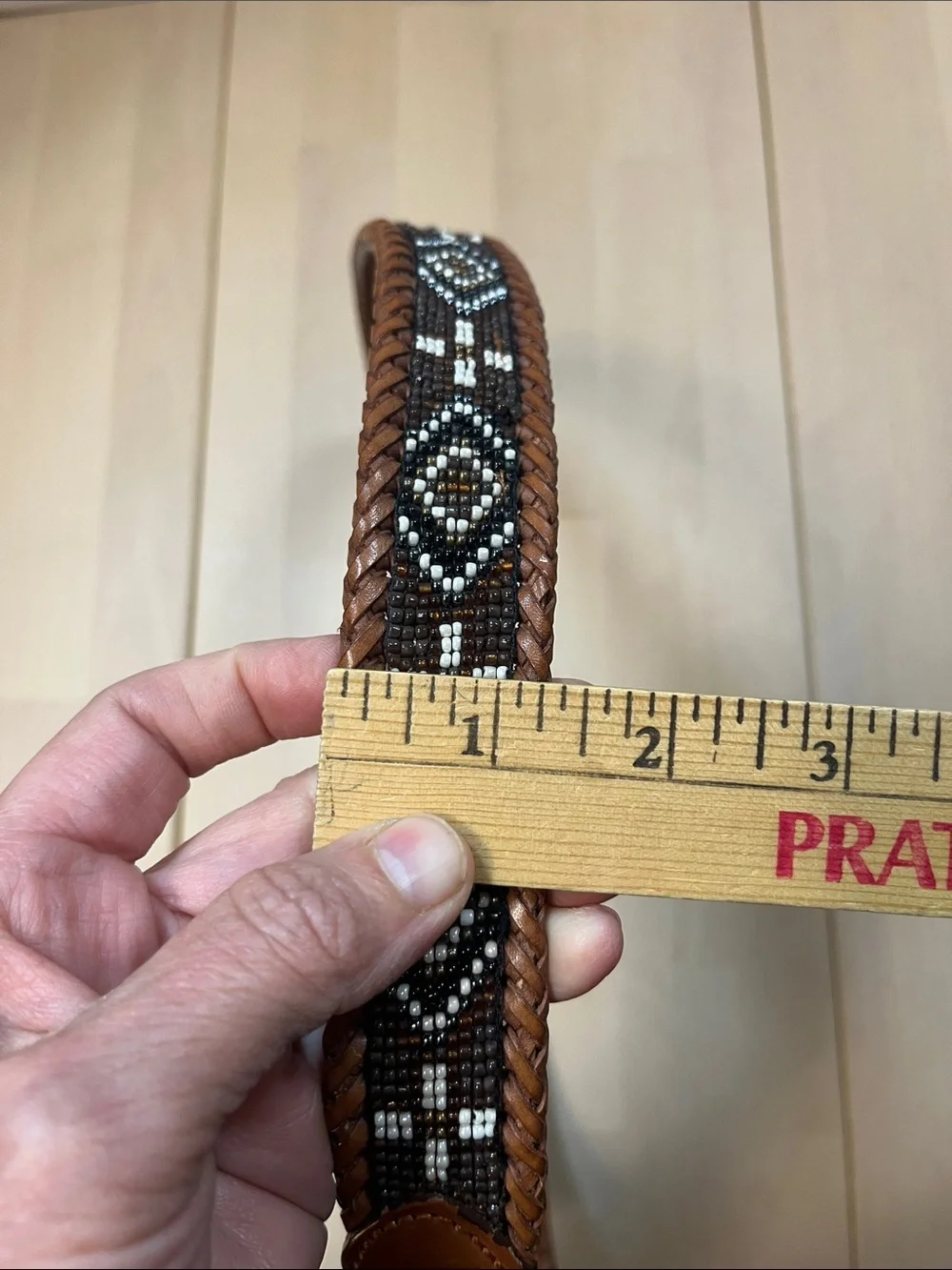 Brown Leather & Decorative Beaded Belt w/ Silver Hardware Men’s Size 38